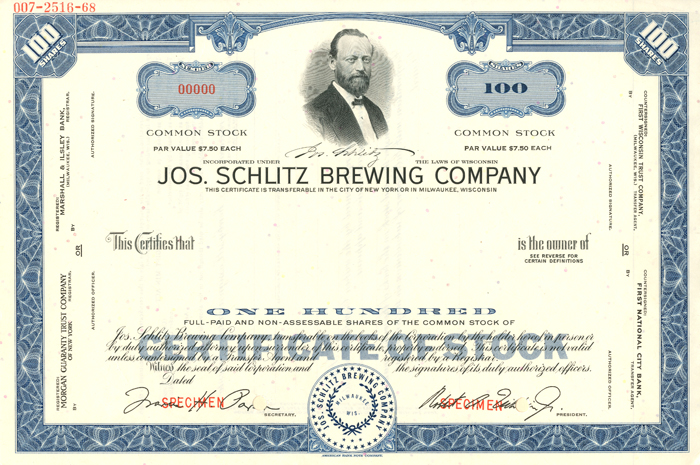 Joseph Schlitz Brewing Co. - Specimen Stock Certificate